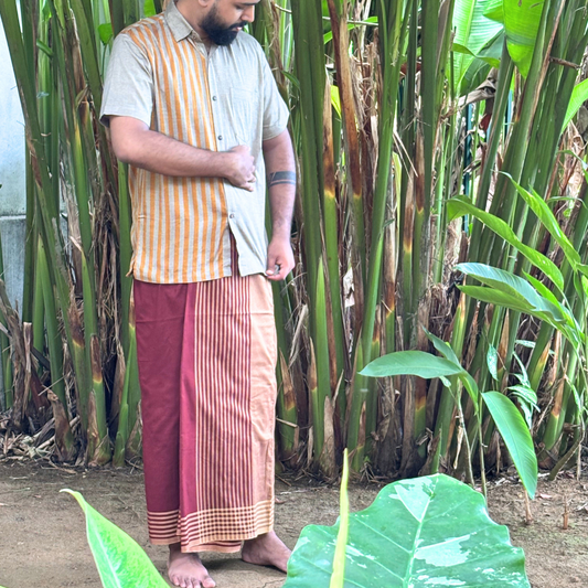 Maroon And Light Brown Striped Handloom Sarong | Standard Size