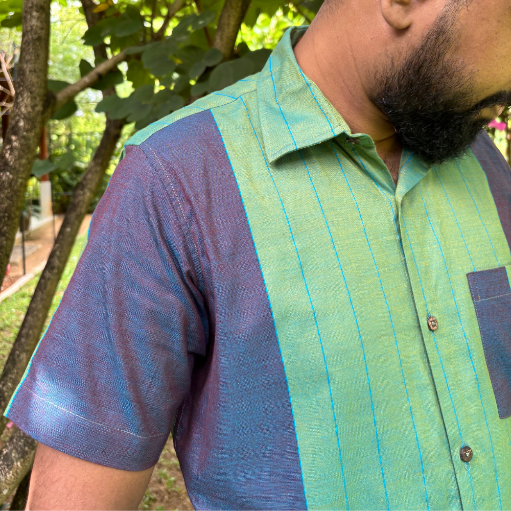 Green And Purple Mixed Blue Striped Handloom Shirt | Medium Size
