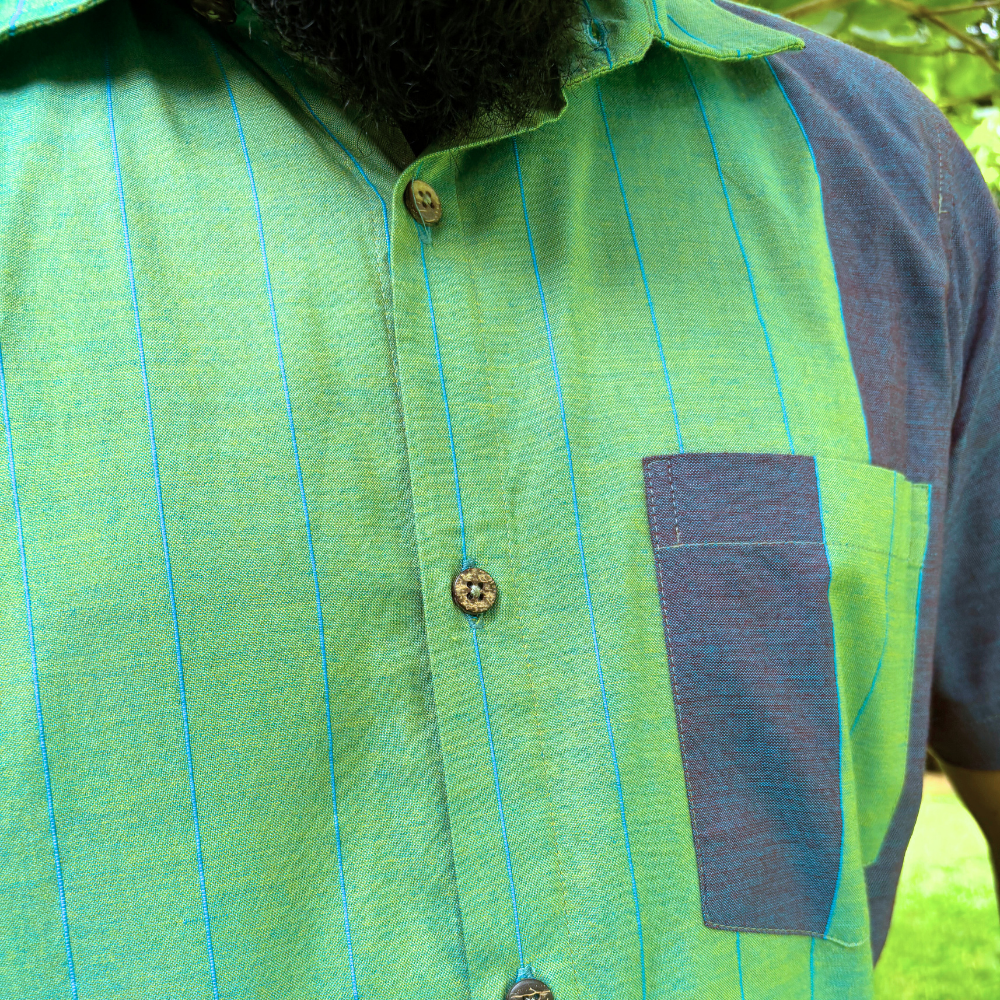 Green And Purple Mixed Blue Striped Handloom Shirt | Medium Size