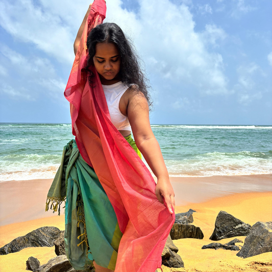 Red , Orange And Light Pink Cotton Handloom Shawl