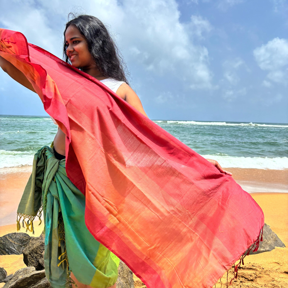 Red , Orange And Light Pink Cotton Handloom Shawl