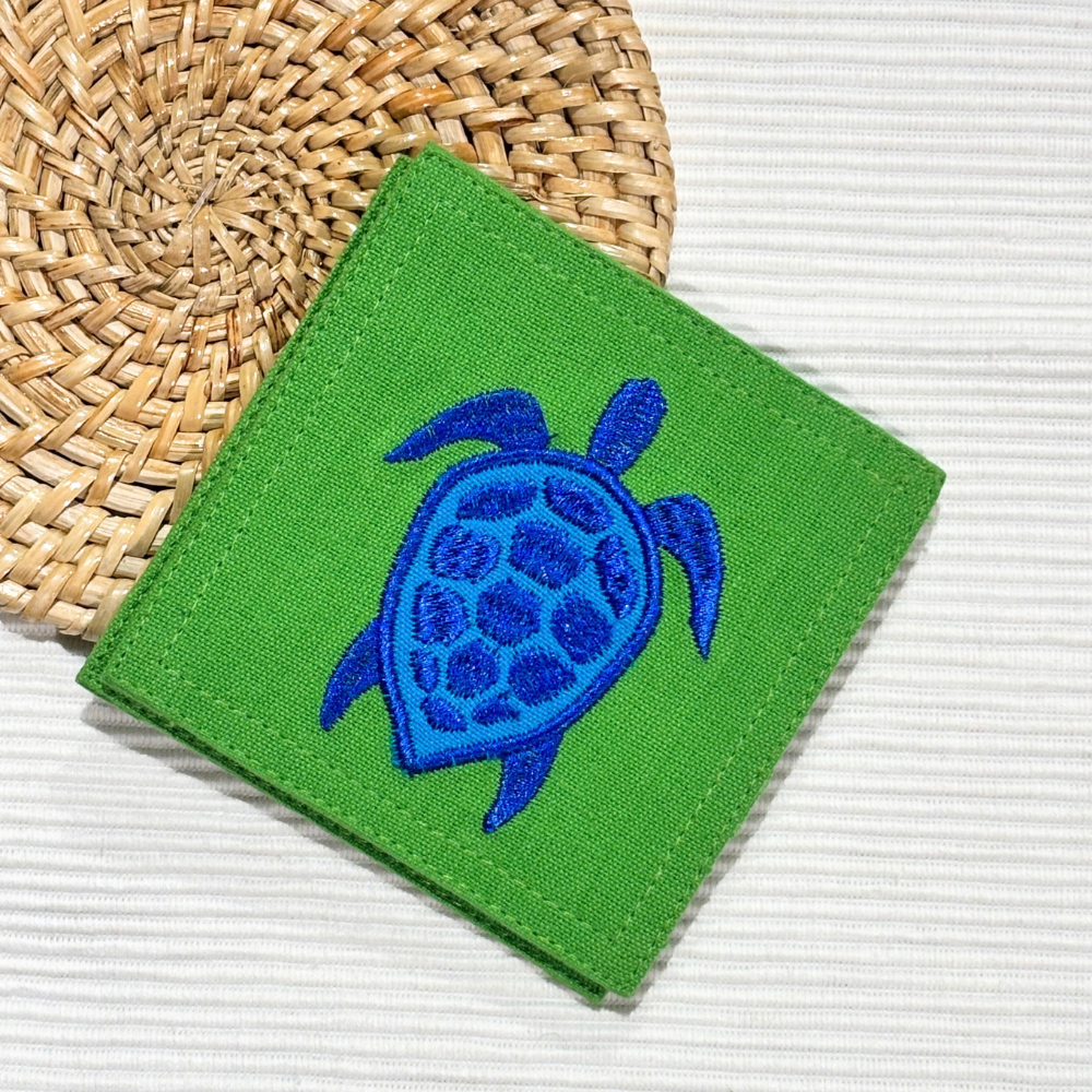 Blue Turtle Embroidered with Green background Coasters