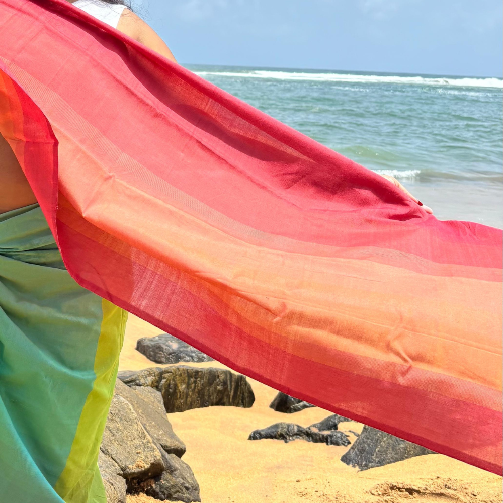 Red , Orange And Light Pink Cotton Handloom Shawl
