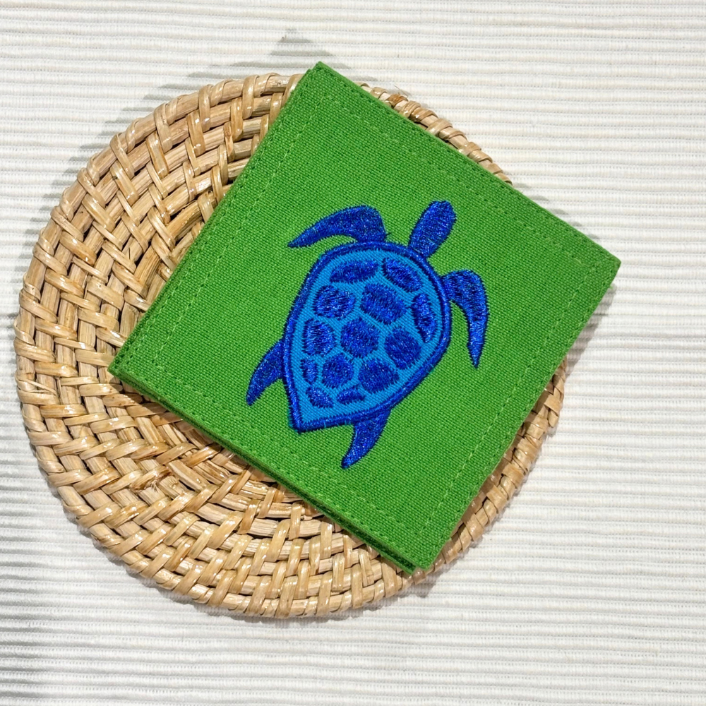 Blue Turtle Embroidered with Green background Coasters