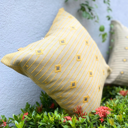 Dull Green , Ash And Yellow border Dumbara Cushion Cover | 18 x 18 Inches