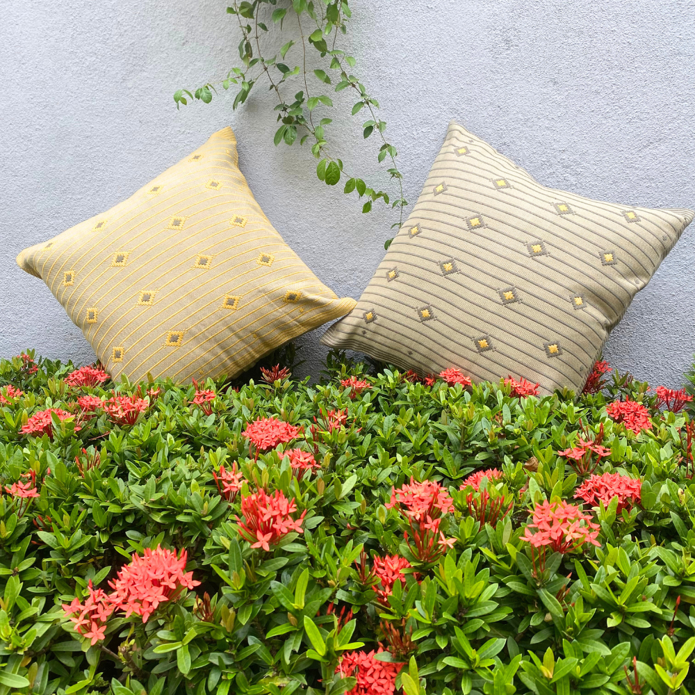 Dull Green , Ash And Yellow border Dumbara Cushion Cover | 18 x 18 Inches