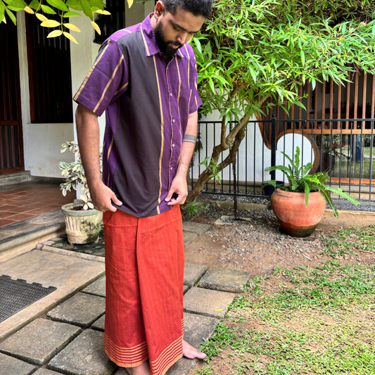 Dark Orange , Mustard And Yellow Cream Striped Handloom Sarong | Standard Size