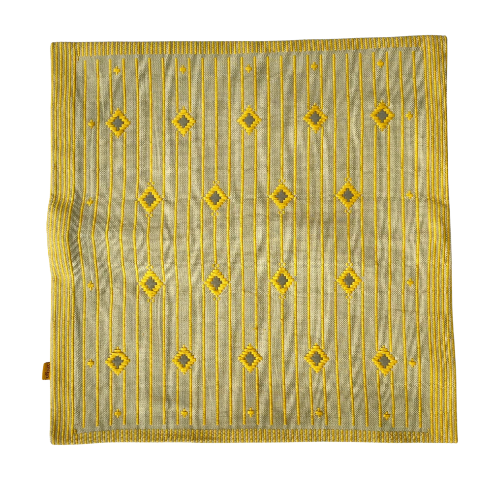 Dull Green , Ash And Yellow border Dumbara Cushion Cover | 18 x 18 Inches