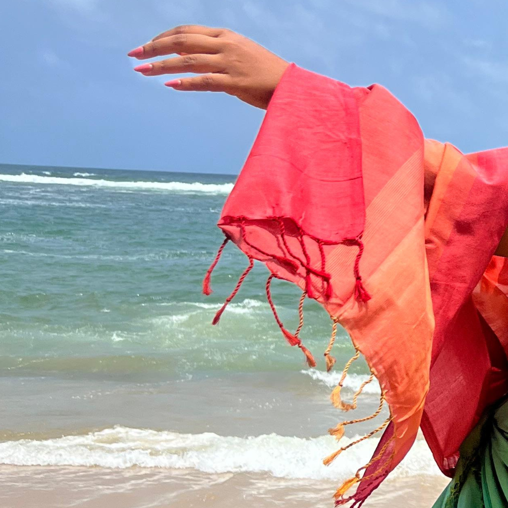 Red , Orange And Light Pink Cotton Handloom Shawl