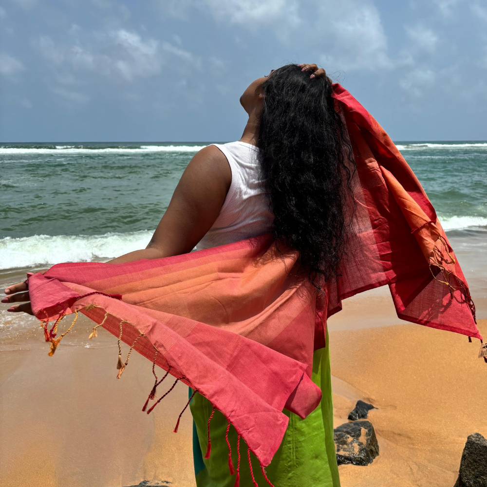 Red , Orange And Light Pink Cotton Handloom Shawl