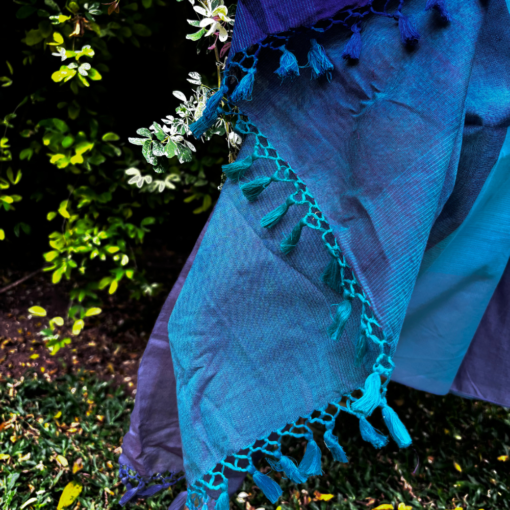 Blue And Purple Cotton Handloom Saree With Tassels