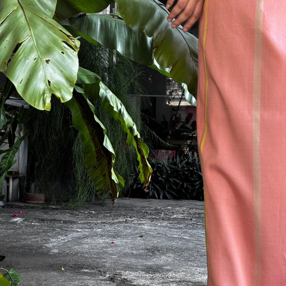 Soft Peach And Yellow Striped Silk Lungi