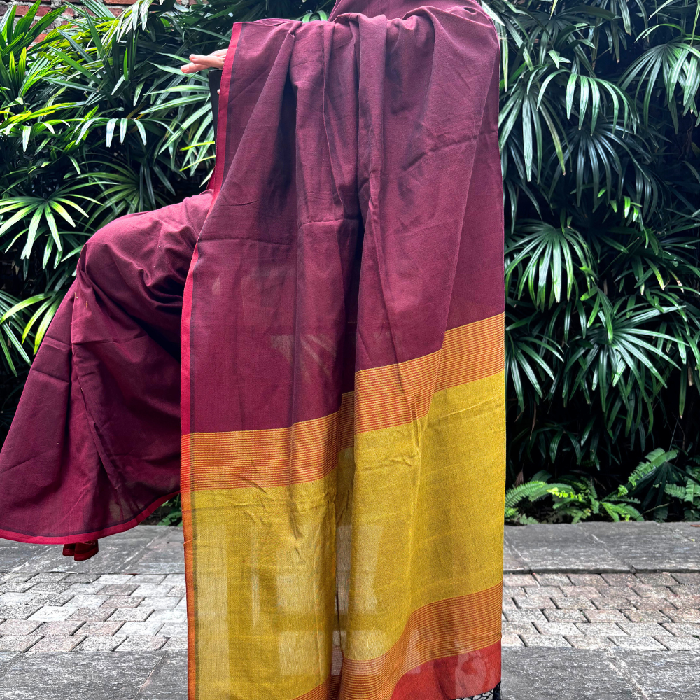 Maroon & Mustard Gold Handloom Cotton Saree with Tassels
