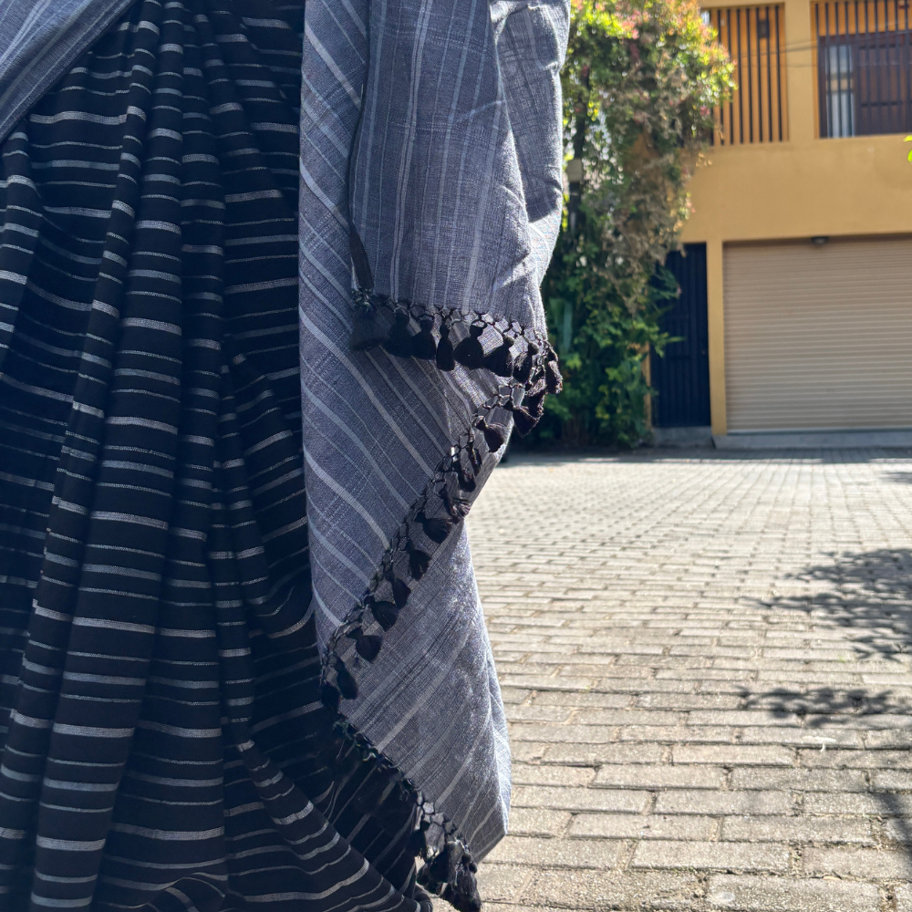 Black And Ash Stripe With Black Tussar Handloom Saree