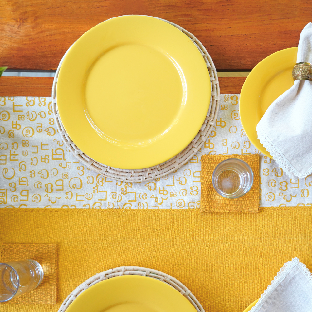 Yellow And White Akuru Handloom Table Runner | 8 Seater