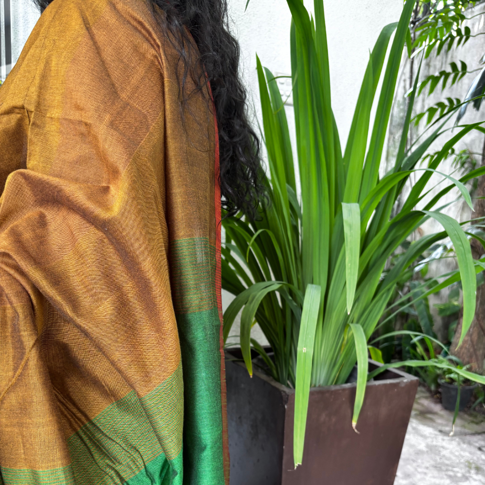 Mustard & Emerald Green Striped Handloom Cotton Saree with Tassels
