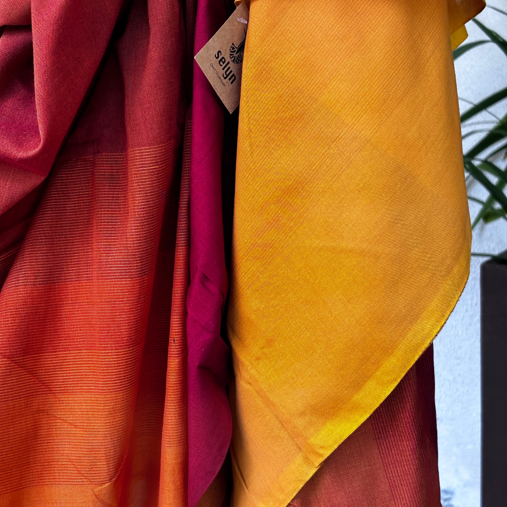 Rust Orange & Mustard Yellow Handwoven Cotton Saree with Tassels