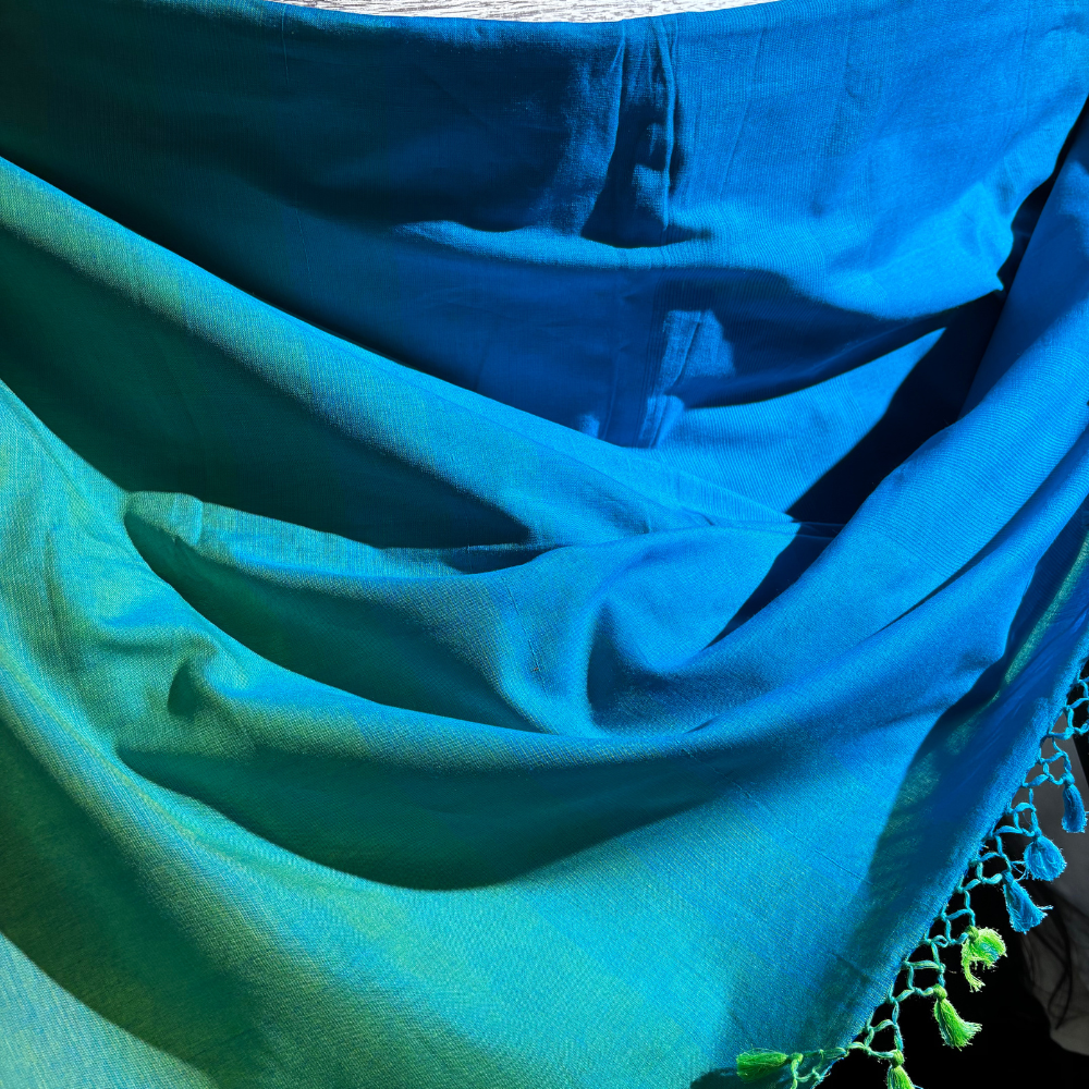 Green , Yellow & Blue Handloom Cotton Saree with Tassels