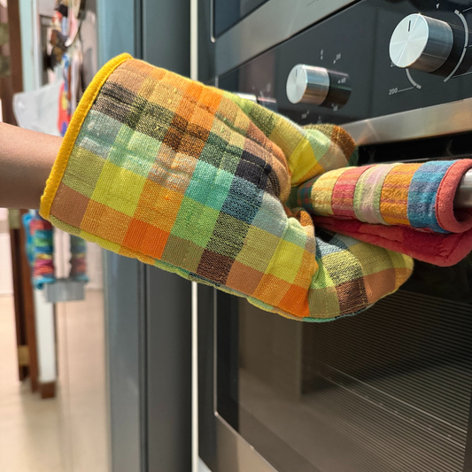 Green And Yellow Patchwork Handloom Oven Glove