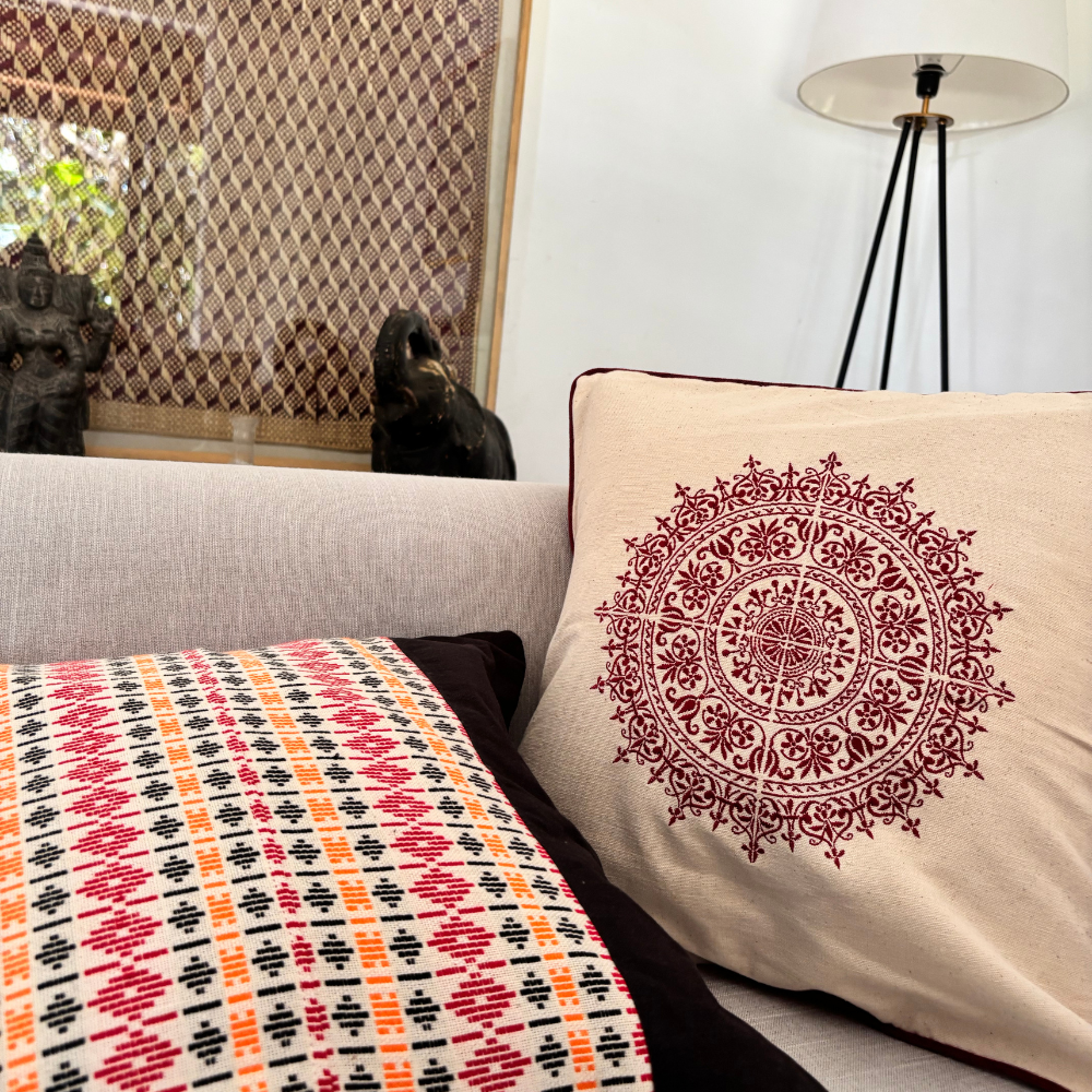 Maroon Dumbara Mandala Cushion Cover| 18 x 18 Inches