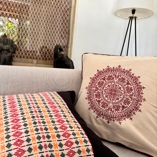 Maroon Dumbara Mandala Cushion Cover| 18 x 18 Inches