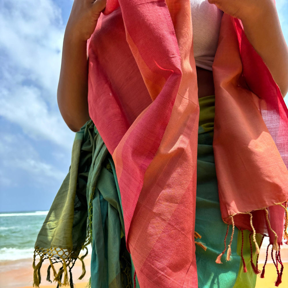 Red , Orange And Light Pink Cotton Handloom Shawl