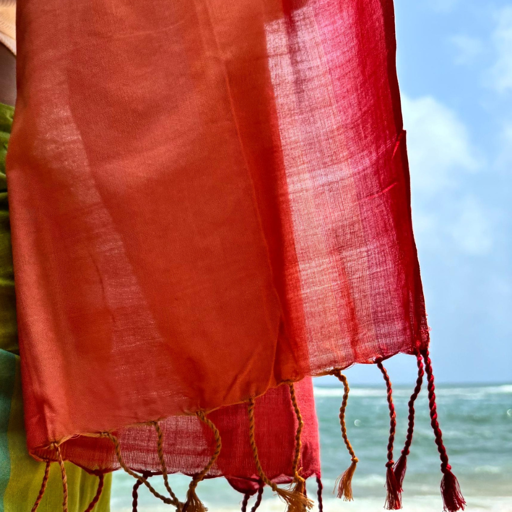 Red , Orange And Light Pink Cotton Handloom Shawl