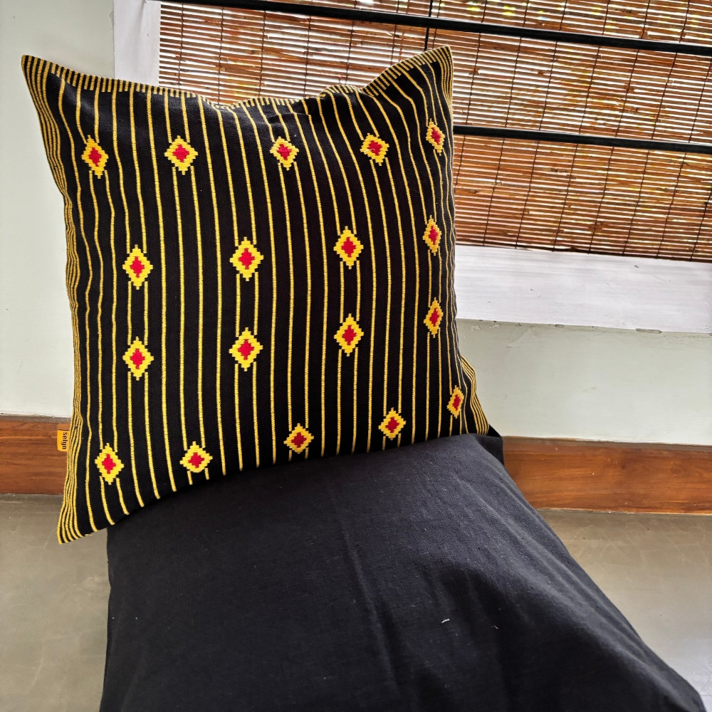 Yellow And Black Dumbara Cushion Cover | 18 x 18 Inches