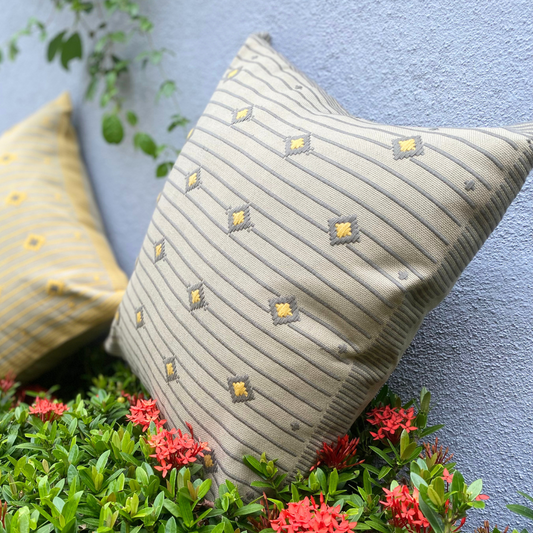 Yellow , Ash And Dull Green border Dumbara Cushion Cover | 18 x 18 Inches