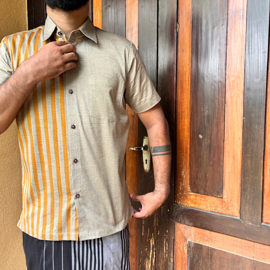 Ash And Mustard Striped Handloom Shirt | Small Size