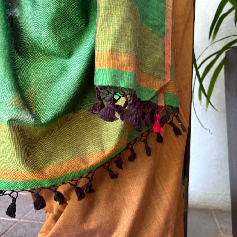 Mustard & Emerald Green Striped Handloom Cotton Saree with Tassels