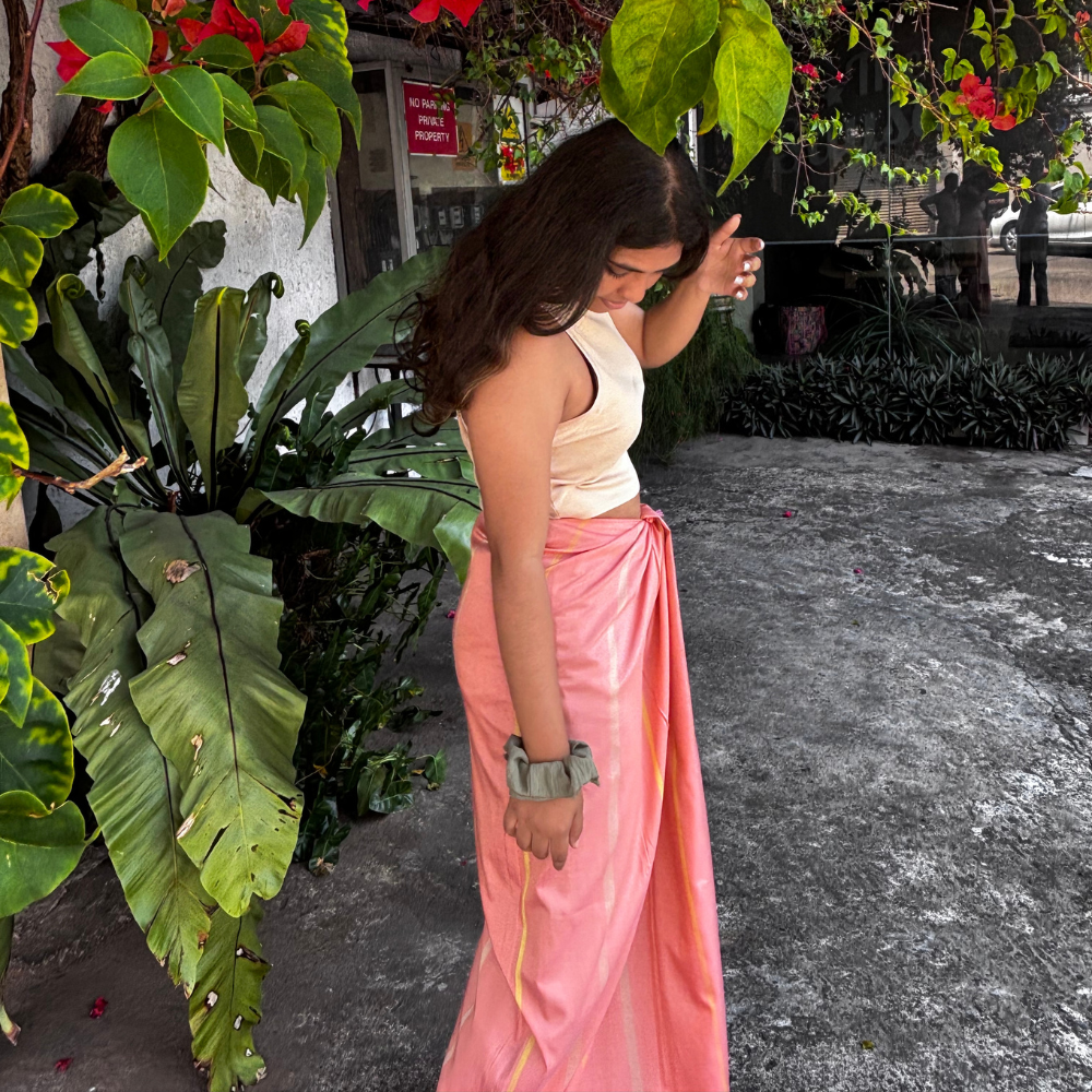 Soft Peach And Yellow Striped Silk Lungi