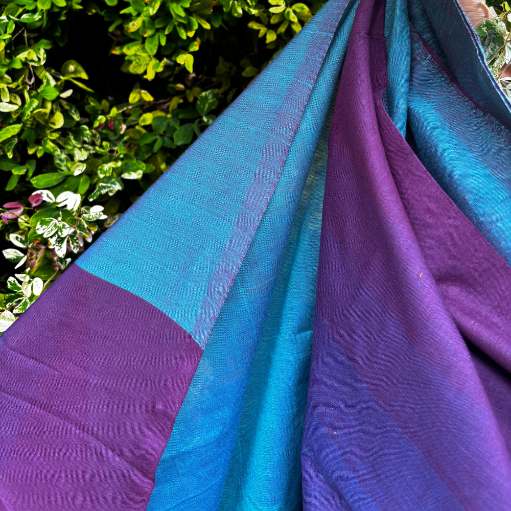 Blue And Purple Cotton Handloom Saree With Tassels