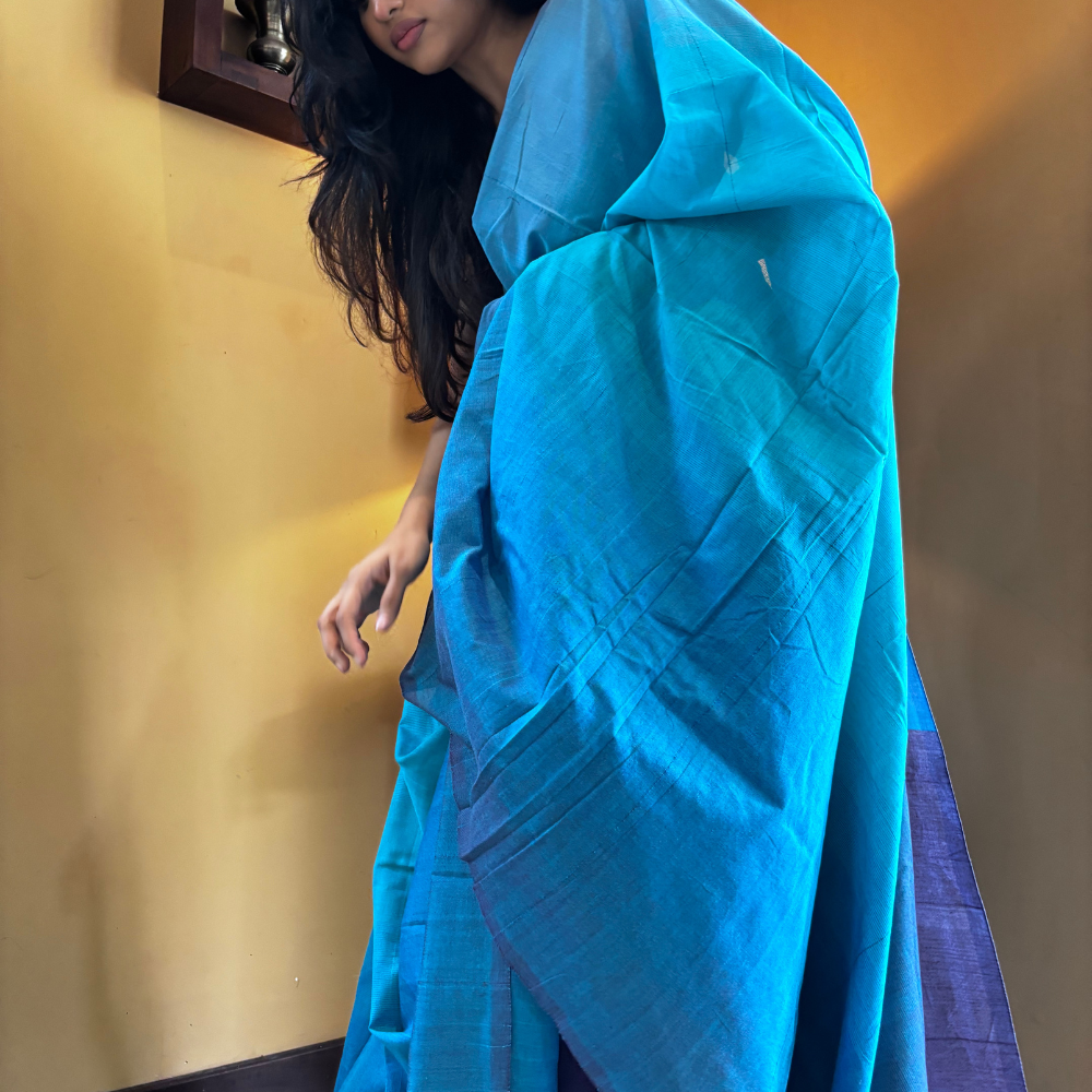 Light Blue , Dark Blue & Purple Handloom Cotton Saree with Tassels
