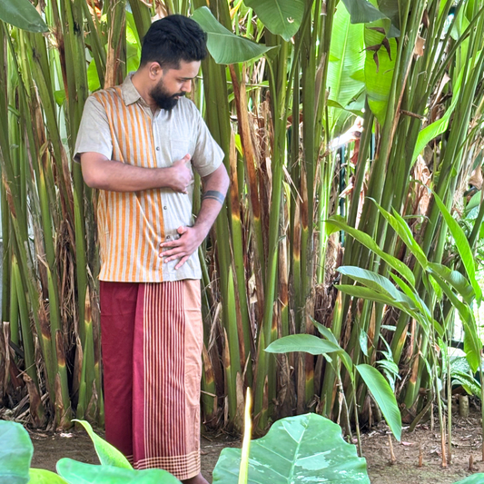 Ash And Mustard Striped Handloom Shirt | Medium Size