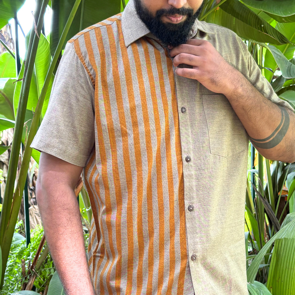 Ash And Mustard Striped Handloom Shirt | Medium Size