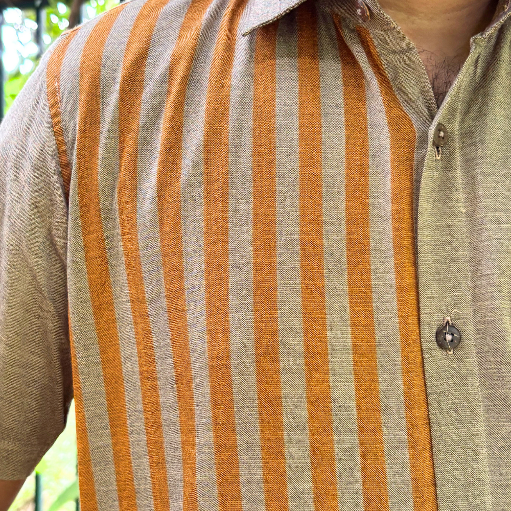 Ash And Mustard Striped Handloom Shirt | Medium Size