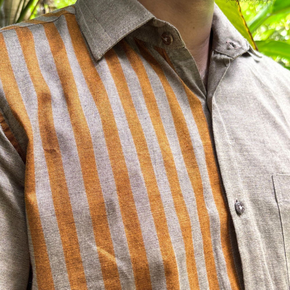 Ash And Mustard Striped Handloom Shirt | Medium Size