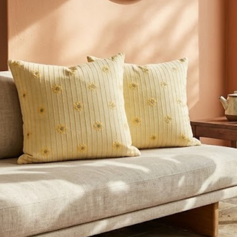 Dull Green , Ash And Yellow border Dumbara Cushion Cover | 18 x 18 Inches