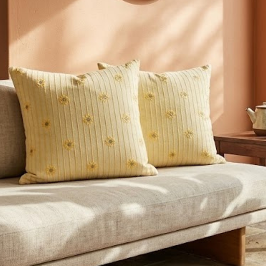 Dull Green , Ash And Yellow border Dumbara Cushion Cover | 18 x 18 Inches