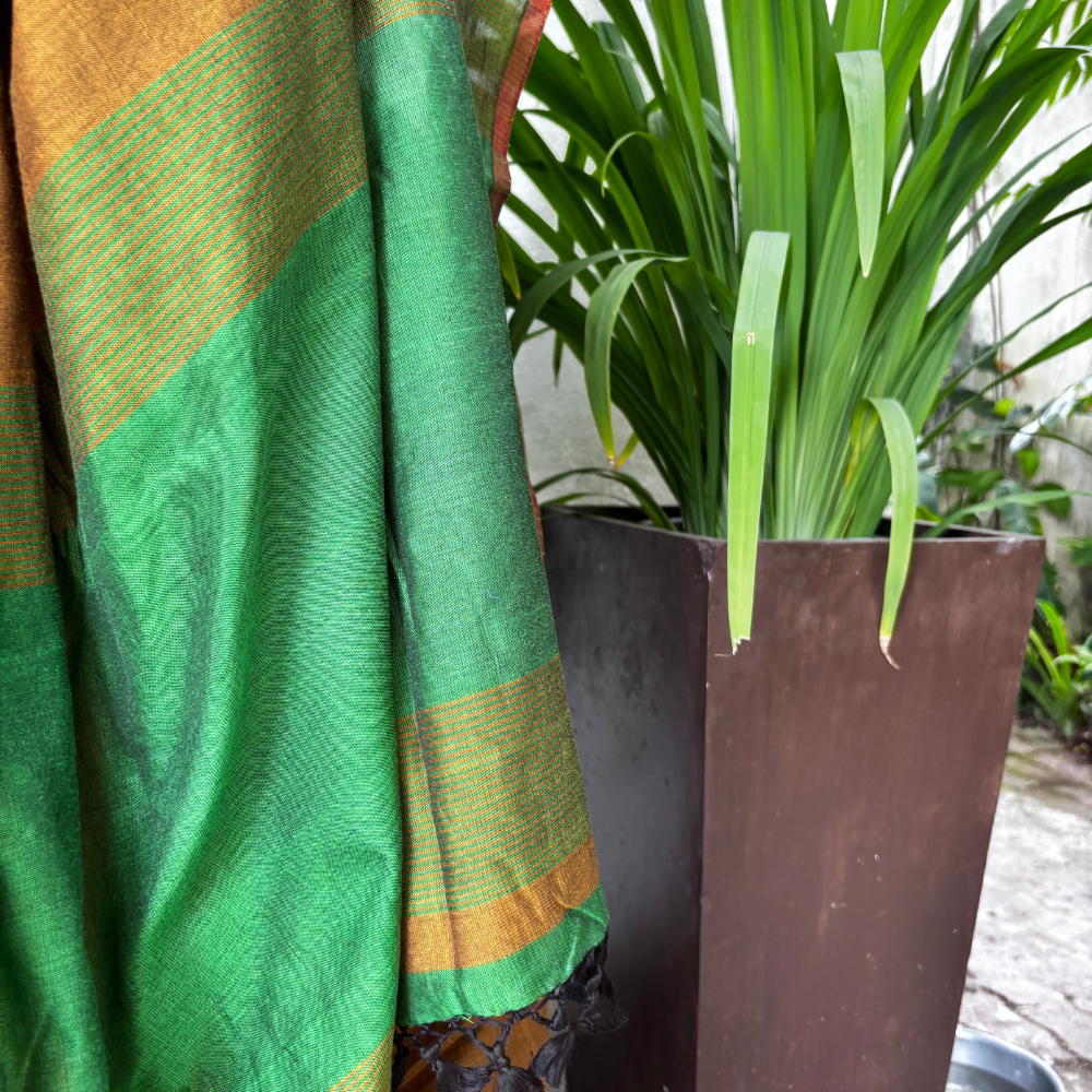 Mustard & Emerald Green Striped Handloom Cotton Saree with Tassels