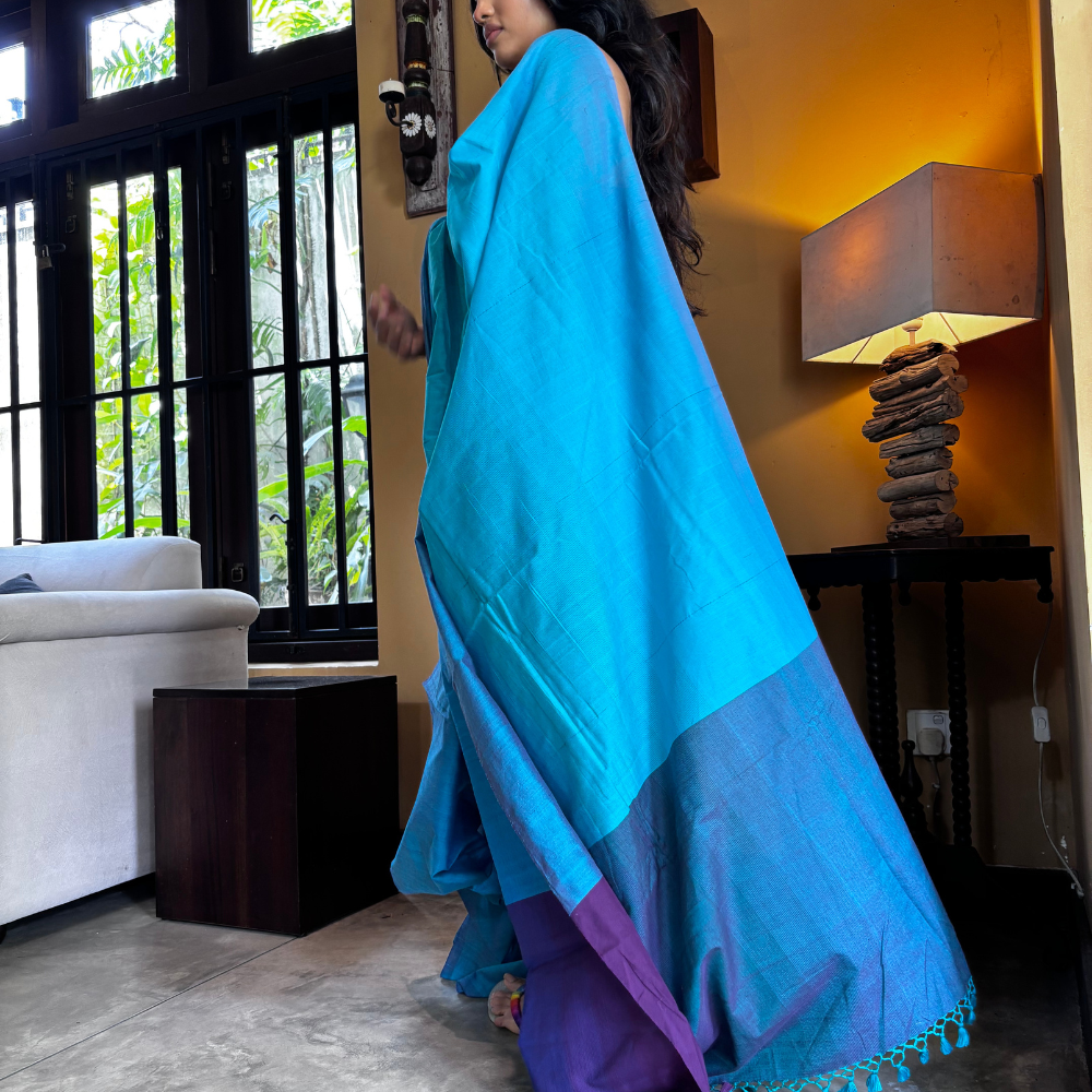 Light Blue , Dark Blue & Purple Handloom Cotton Saree with Tassels
