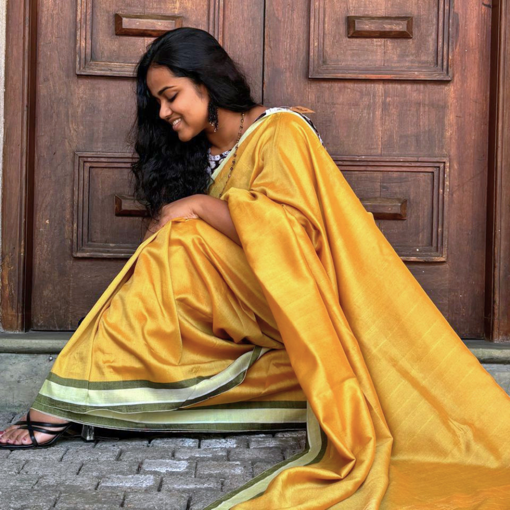Mustard Gold Handloom Cotton Saree with Olive Green Border and Tassels