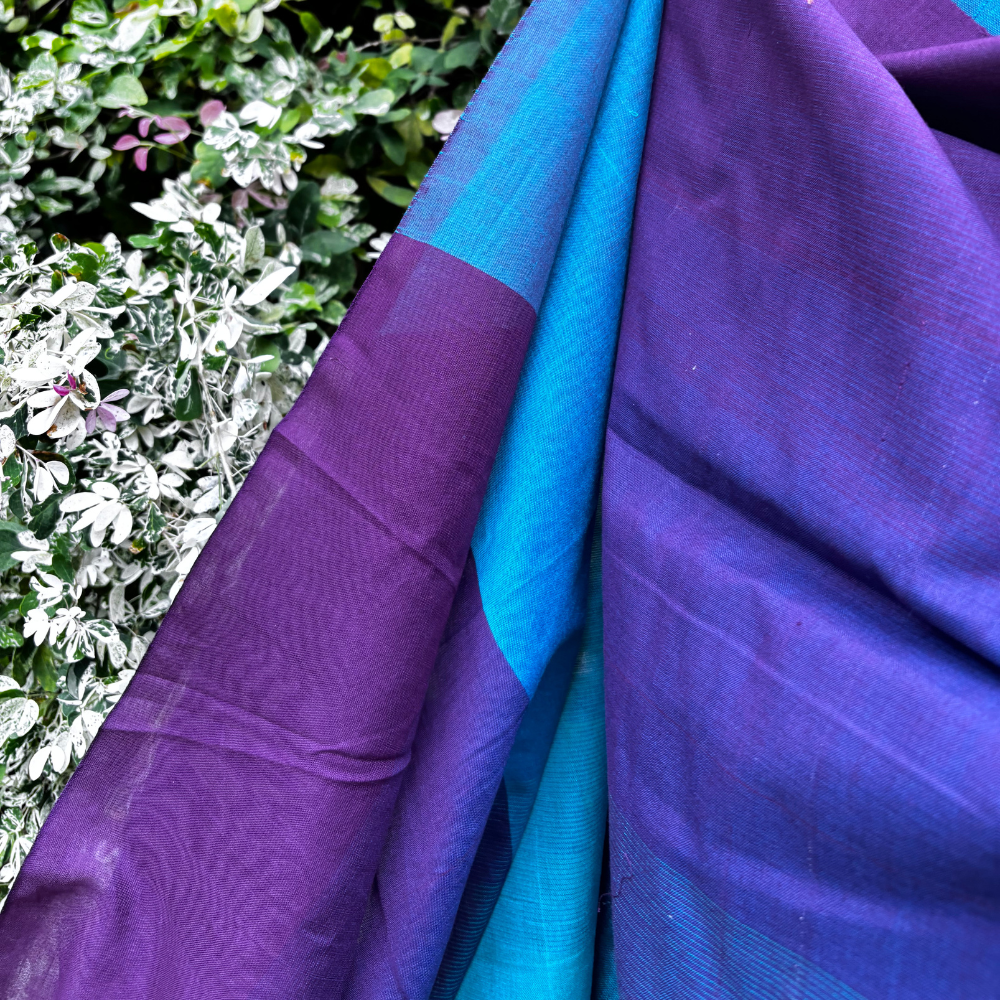 Blue And Purple Cotton Handloom Saree With Tassels