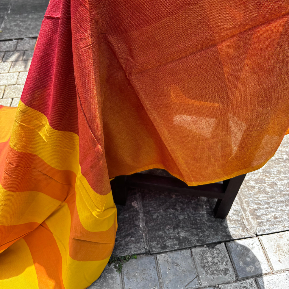 Rust Orange & Mustard Yellow Handwoven Cotton Saree with Tassels