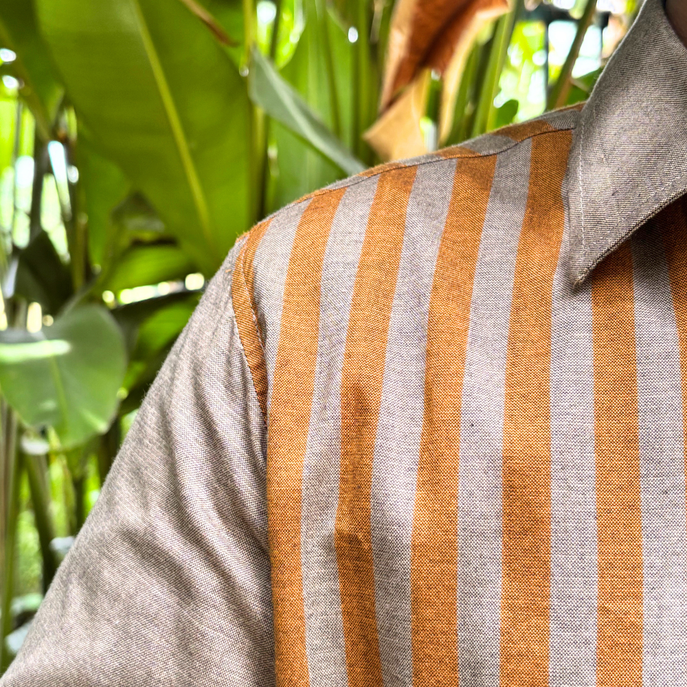 Ash And Mustard Striped Handloom Shirt | Medium Size