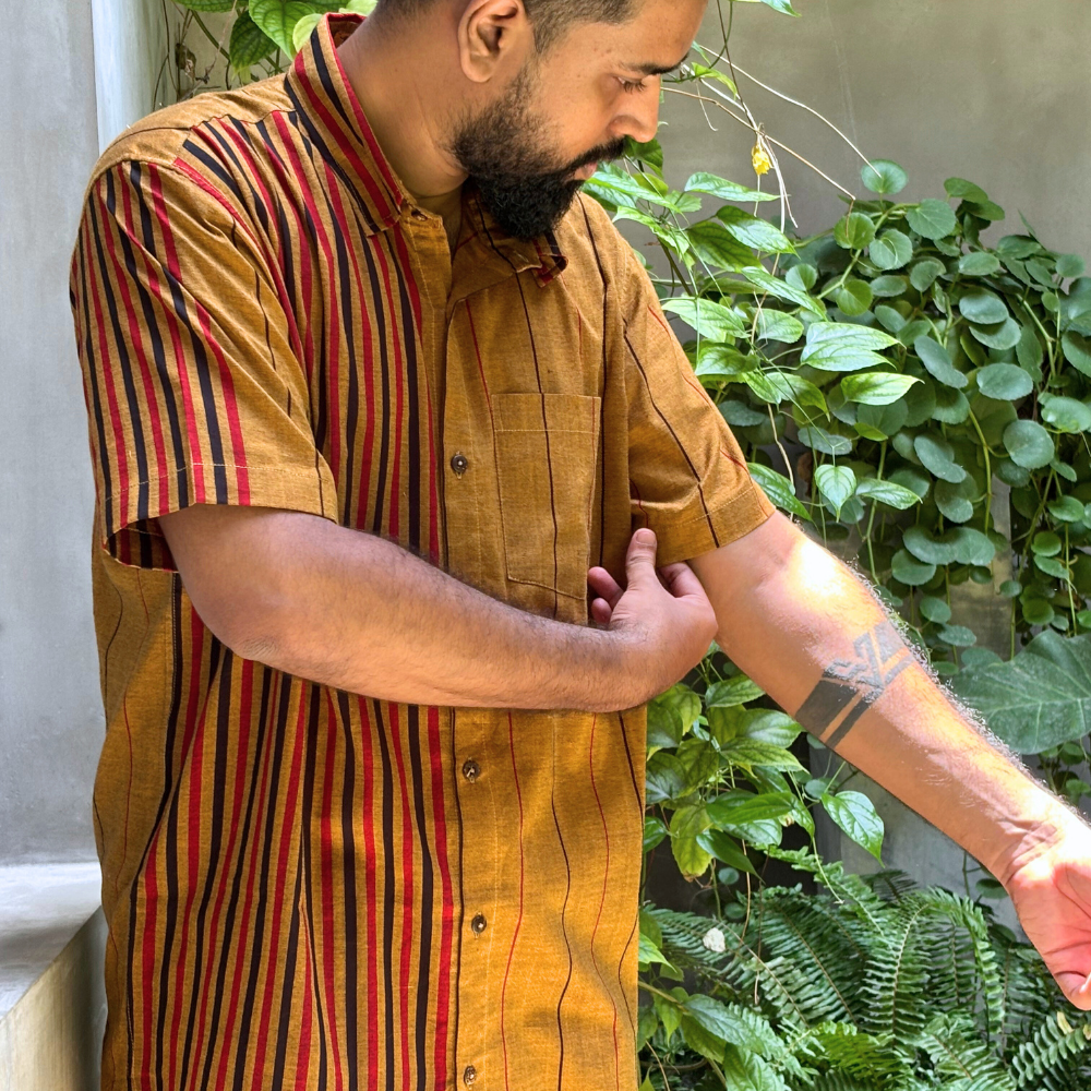 Mustard , Black And Red  Striped Handloom Shirt | XL Size