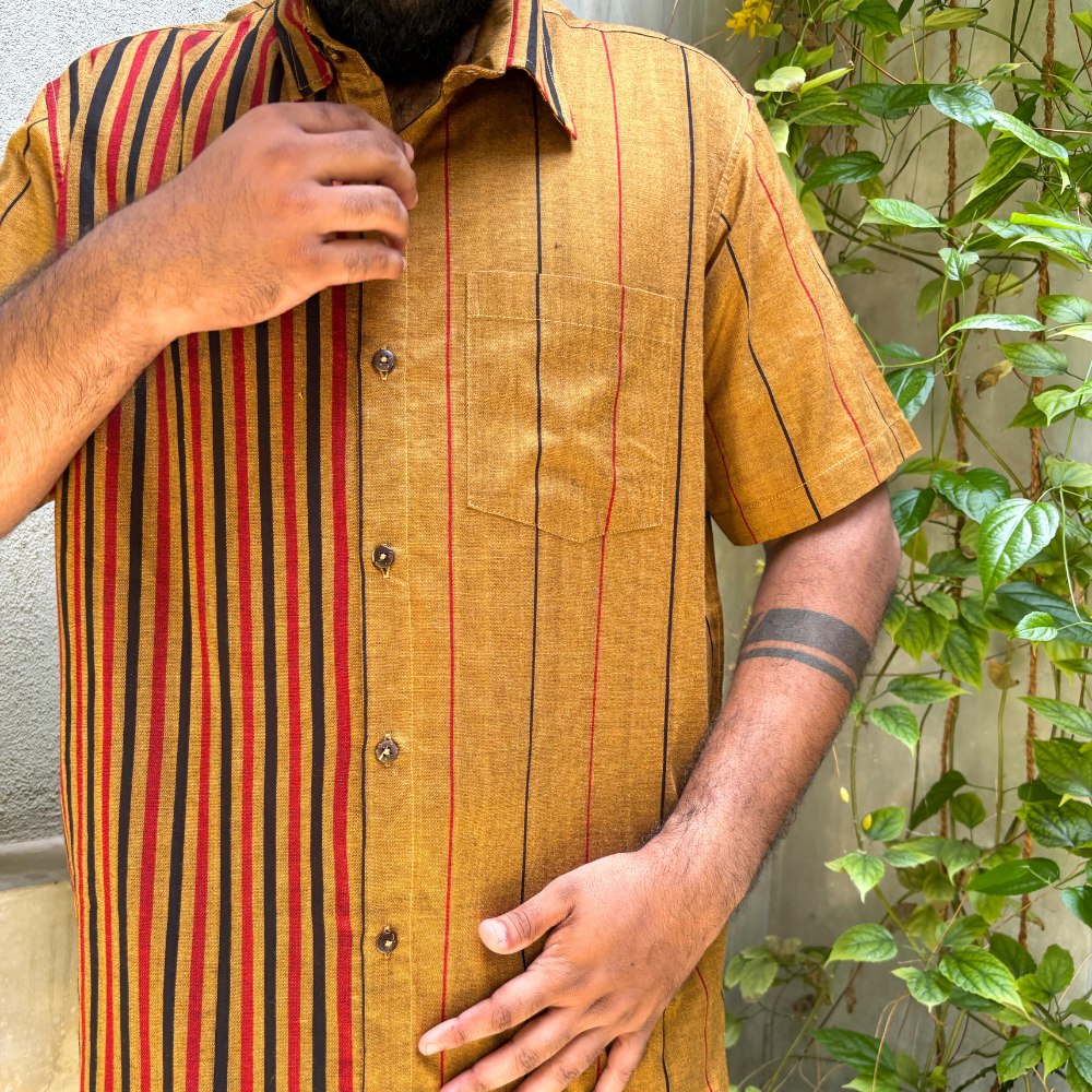 Mustard , Black And Red  Striped Handloom Shirt | XL Size