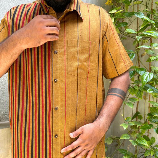 Mustard , Black And Red  Striped Handloom Shirt | XL Size