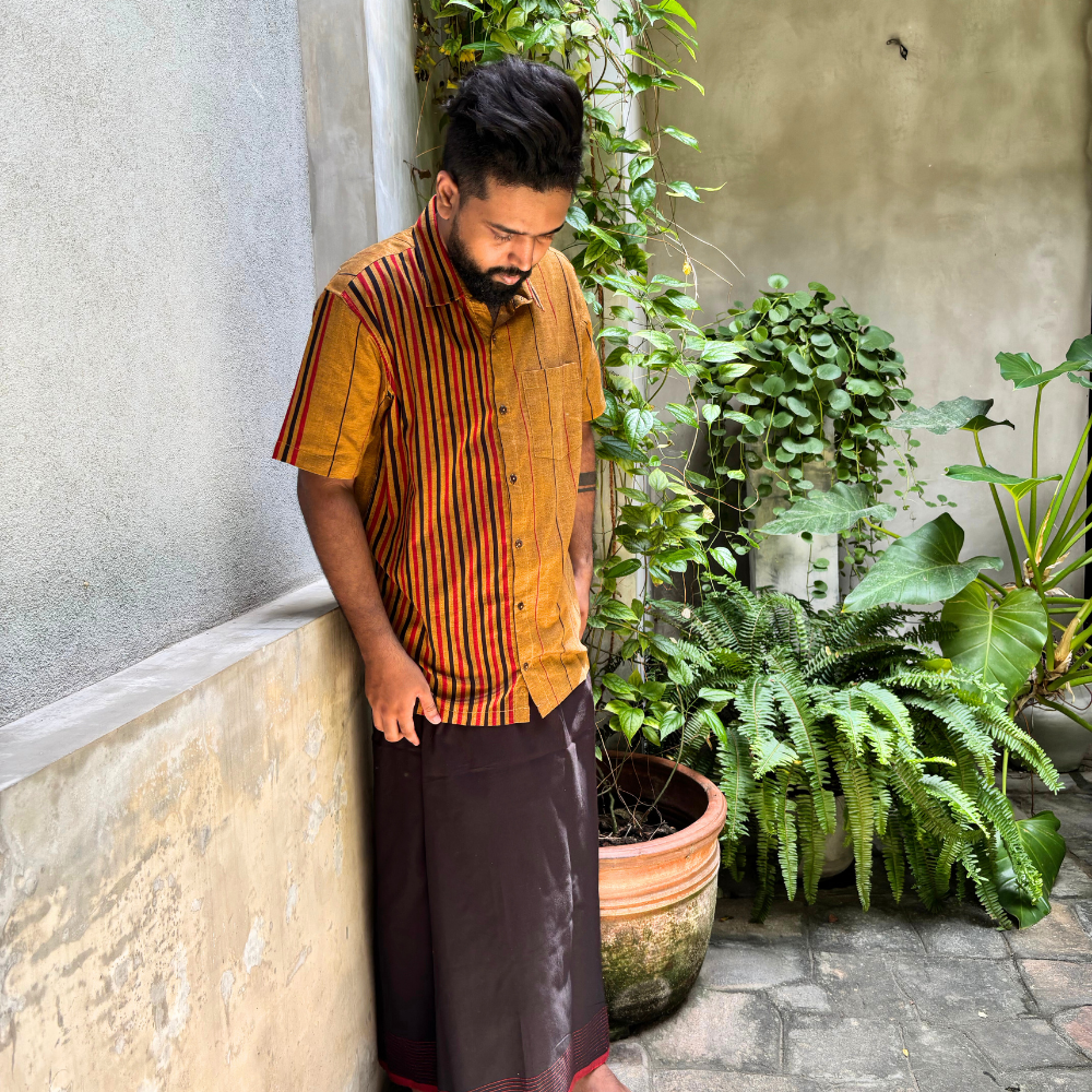 Mustard , Black And Red  Striped Handloom Shirt | XL Size